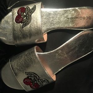 BCBG silver slide beach sandals with deco